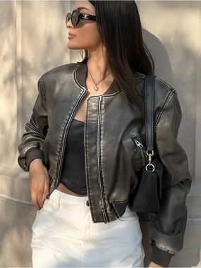 Zara Faux Leather Oversized Black Worn-Look Effect Bomber